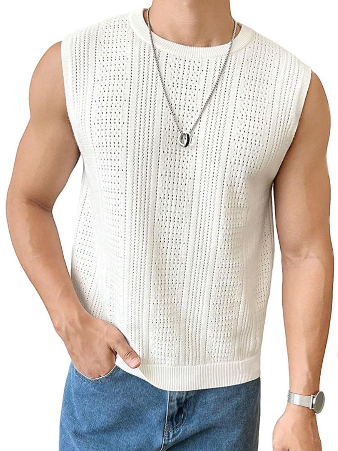 Men's Full Size Eyelet Round Neck Tank Top - Plus Size.