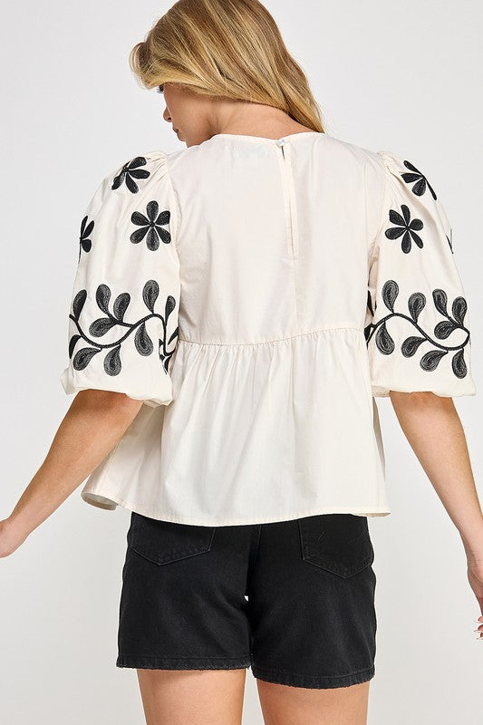 SAGE+FIG Puff-Sleeve Embroidered Peplum Blouse.