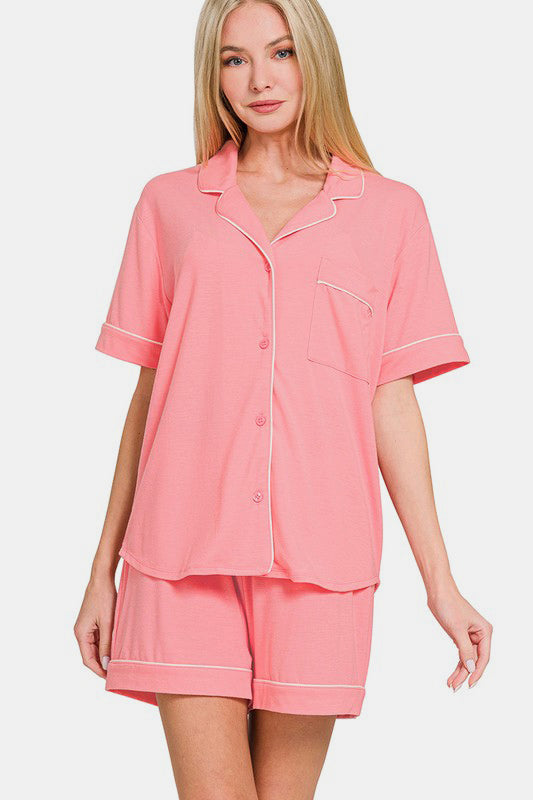 Zenana Button Down Short Sleeve Top and Shorts Lounge Set.