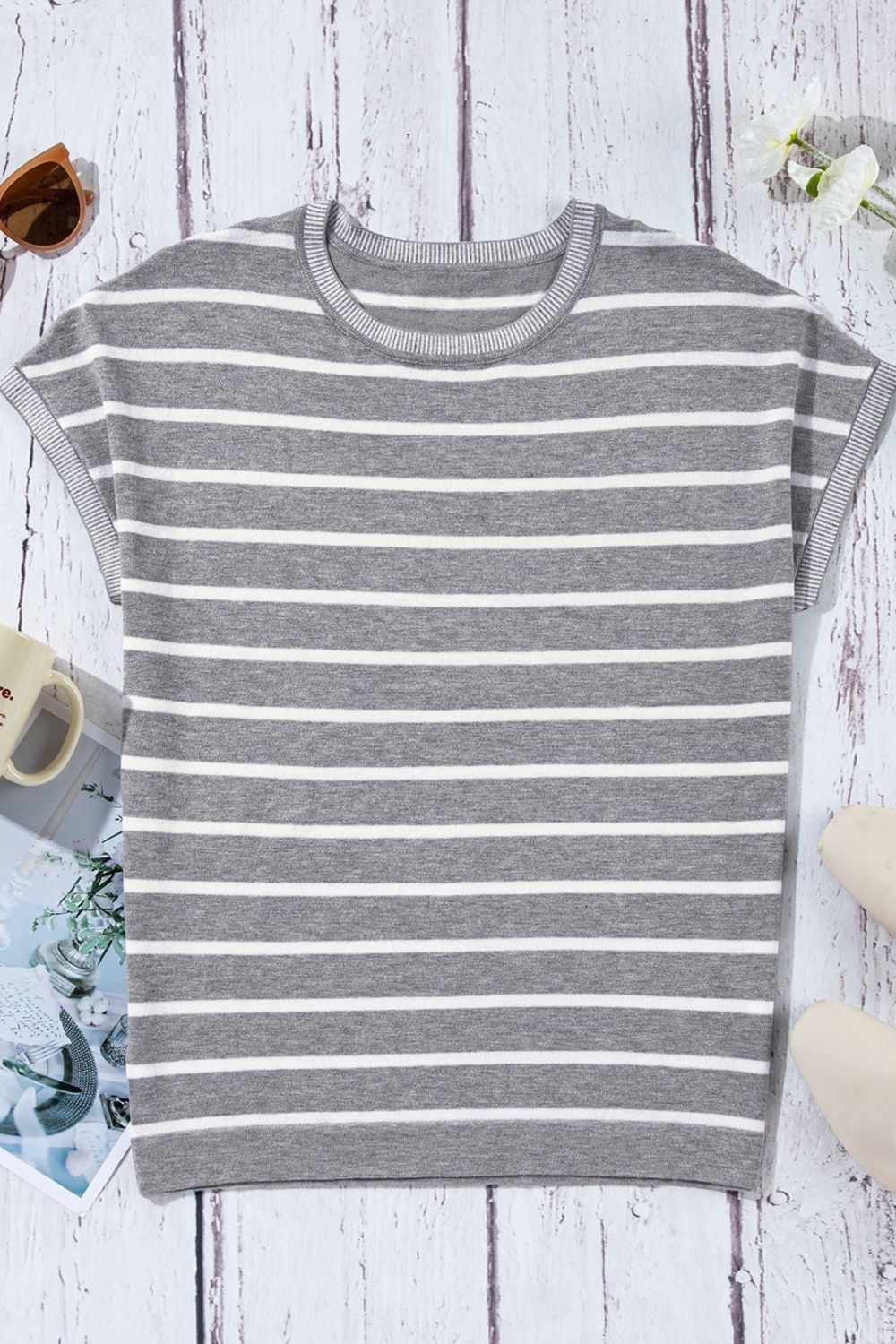 Classic Striped Short Sleeve Knit Top - Timeless Versatility.