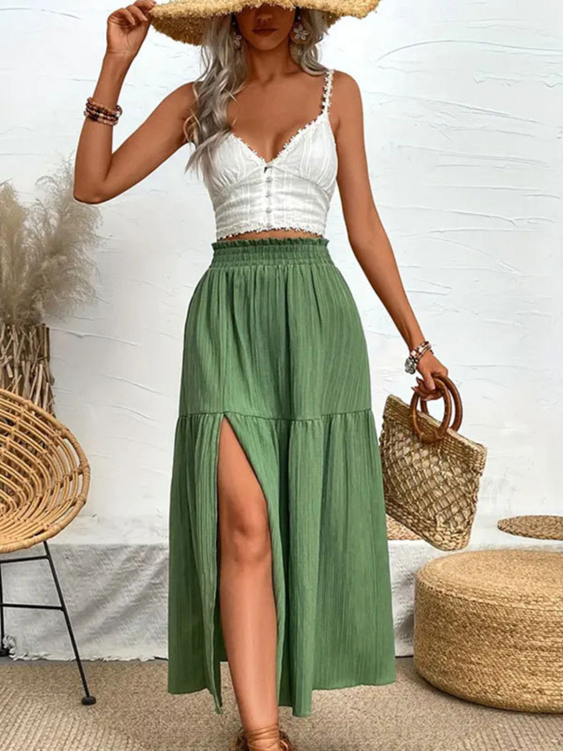 Elegant Frill Detail Midi Skirt with Side Slit.