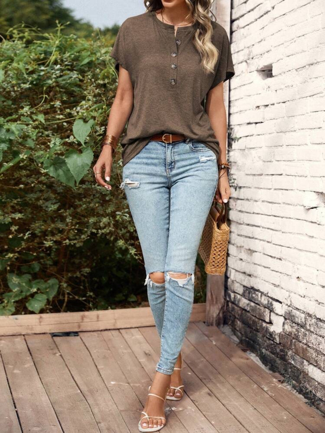 Stylish Half Button Short Sleeve Top.