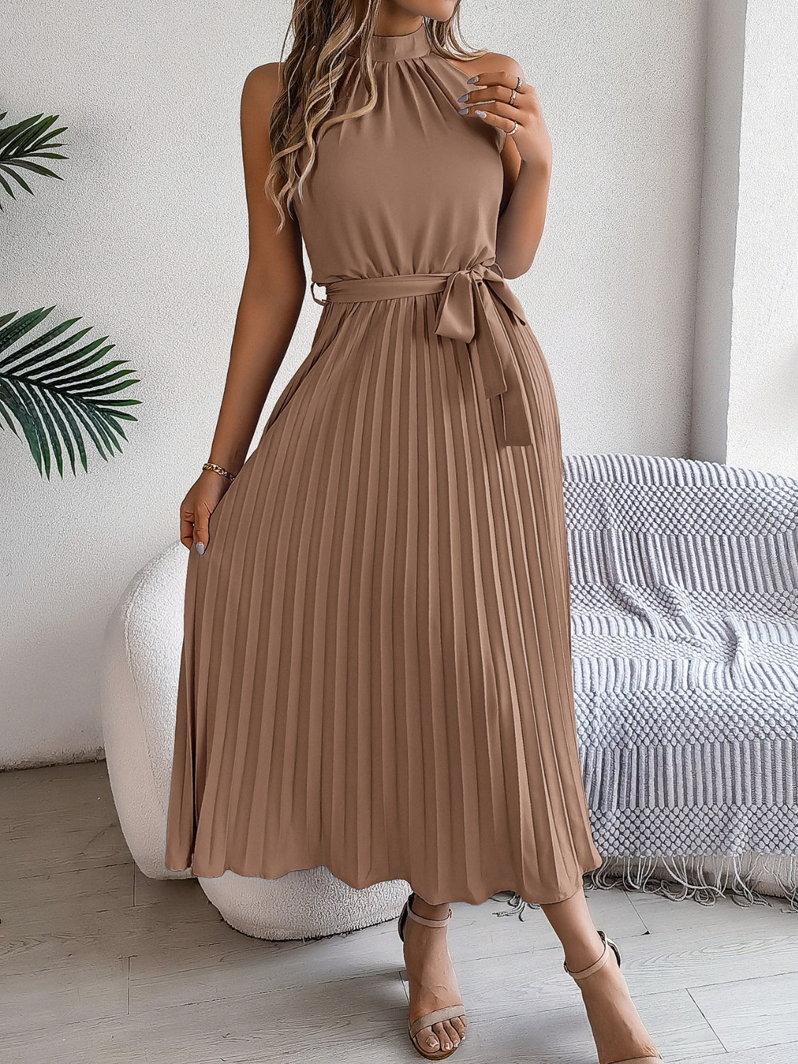 Grecian Neck, Tie Waist, Pleated Dress.