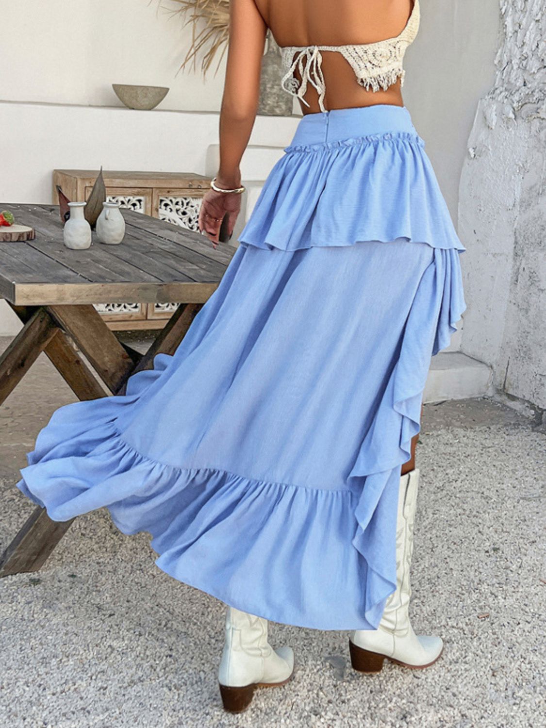 Elegant High-Low Skirt with Ruched Layered Design.