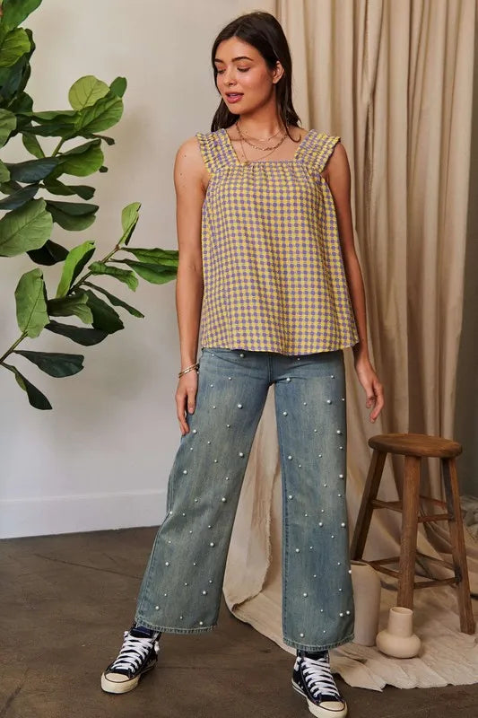 Davi & Dani Printed Square Neck Shirred Straps Top.