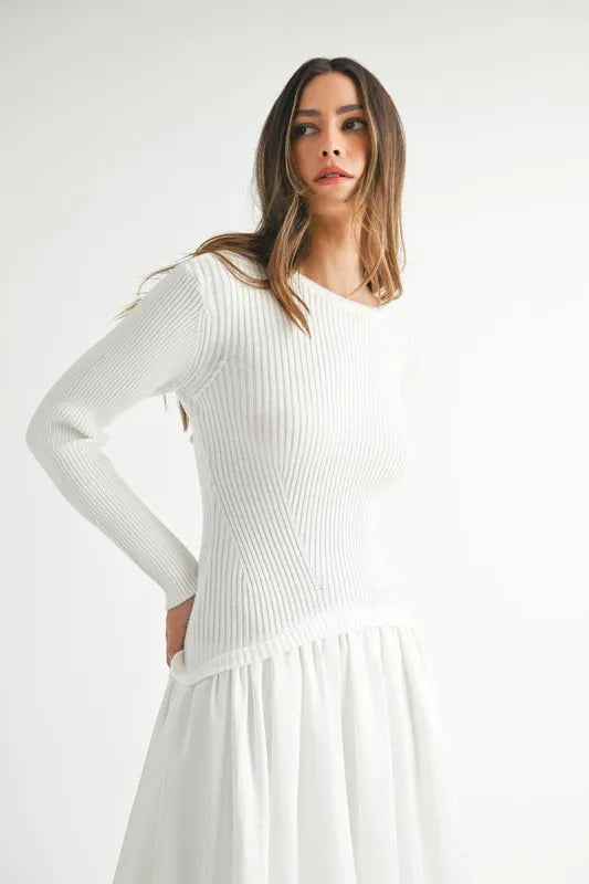 MABLE Ribbed Poplin Mix Midi Sweater Dress.