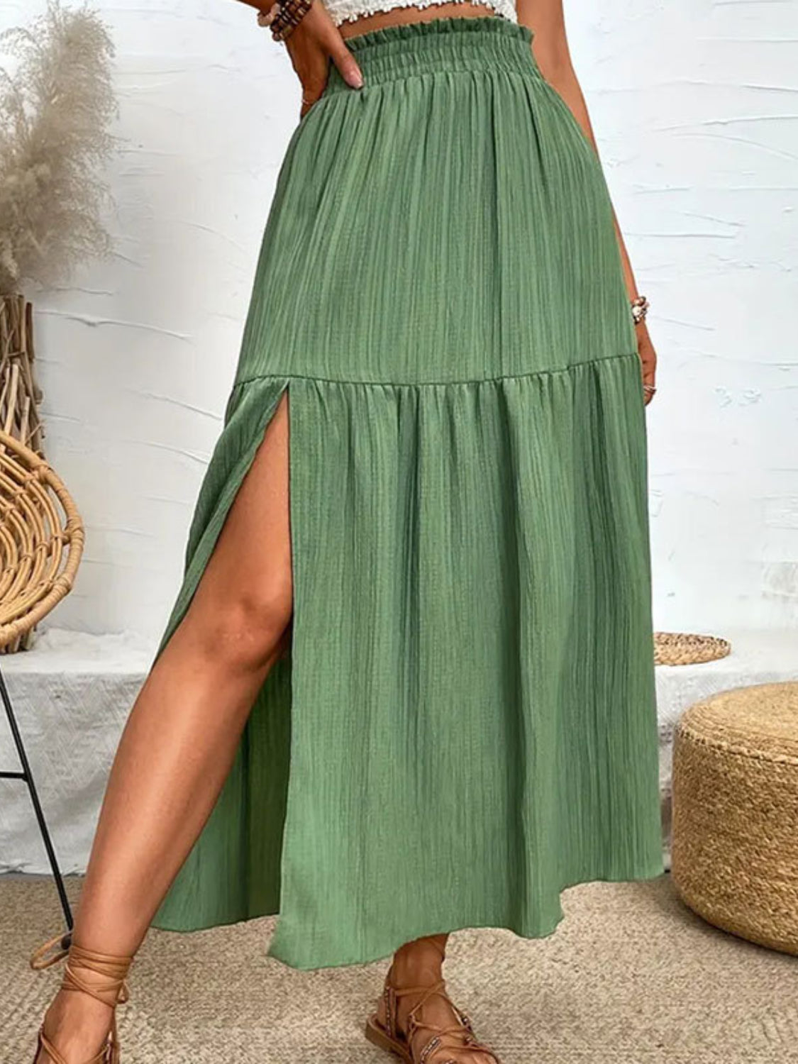 Elegant Frill Detail Midi Skirt with Side Slit.