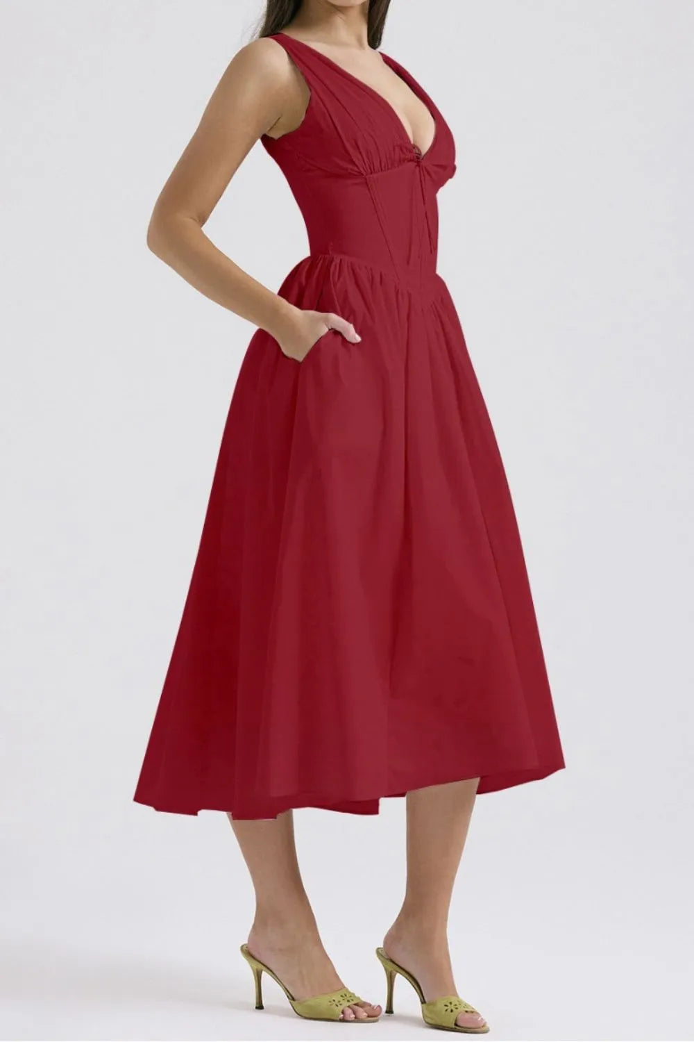 Ruched V-Neck Dress with Pockets.