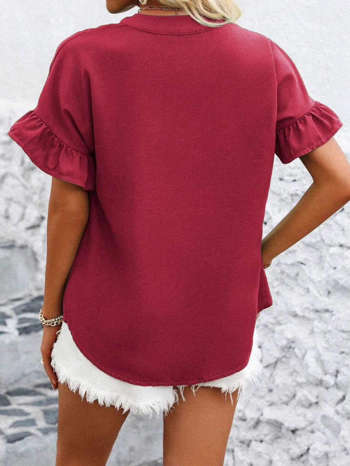 Elegant Button Down Ruffled Short Sleeve Shirt - Versatile Fashion Essential.