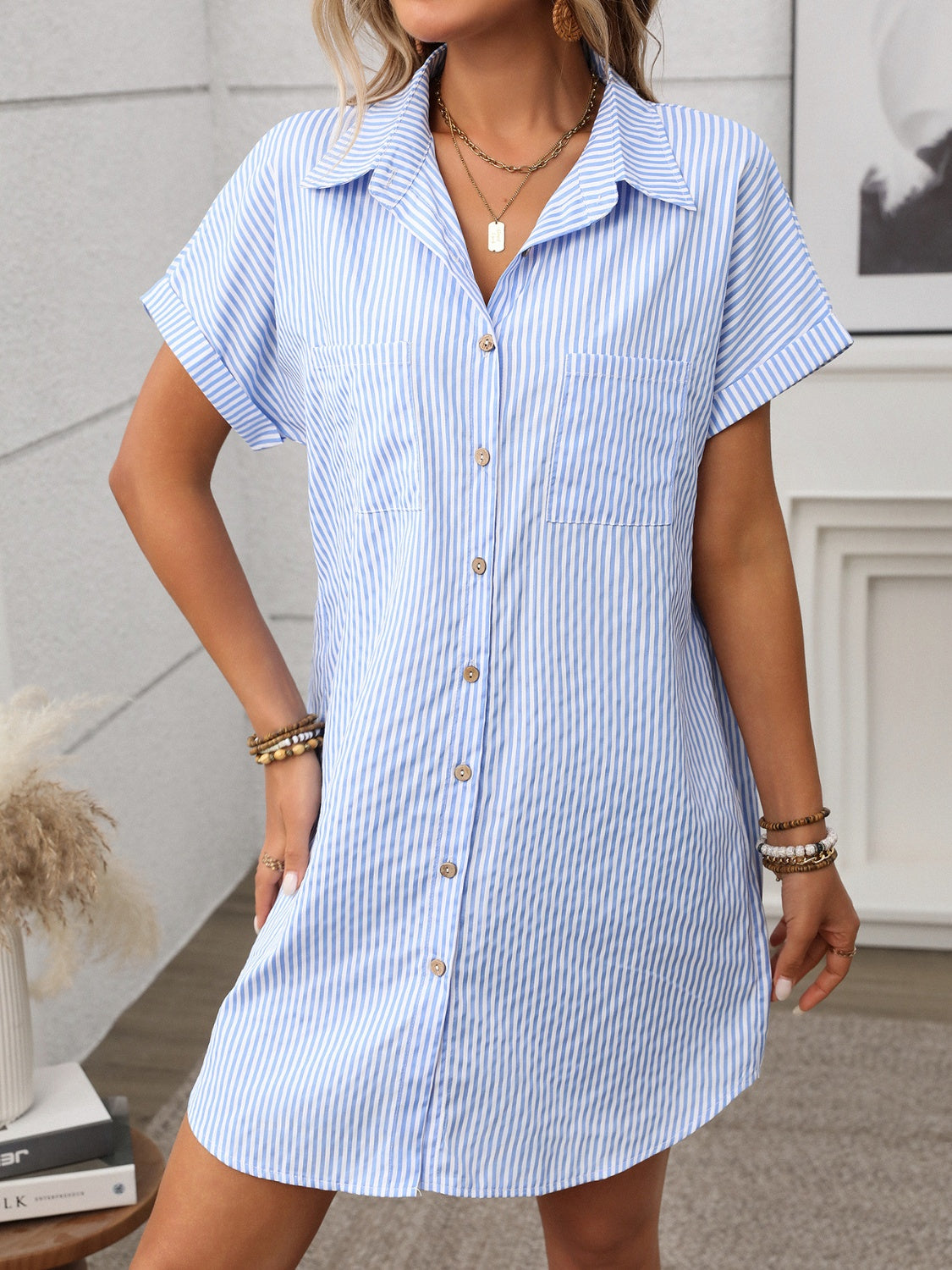Nautical Chic Striped Button Down Short Sleeve Mini Dress - Summer Essential.