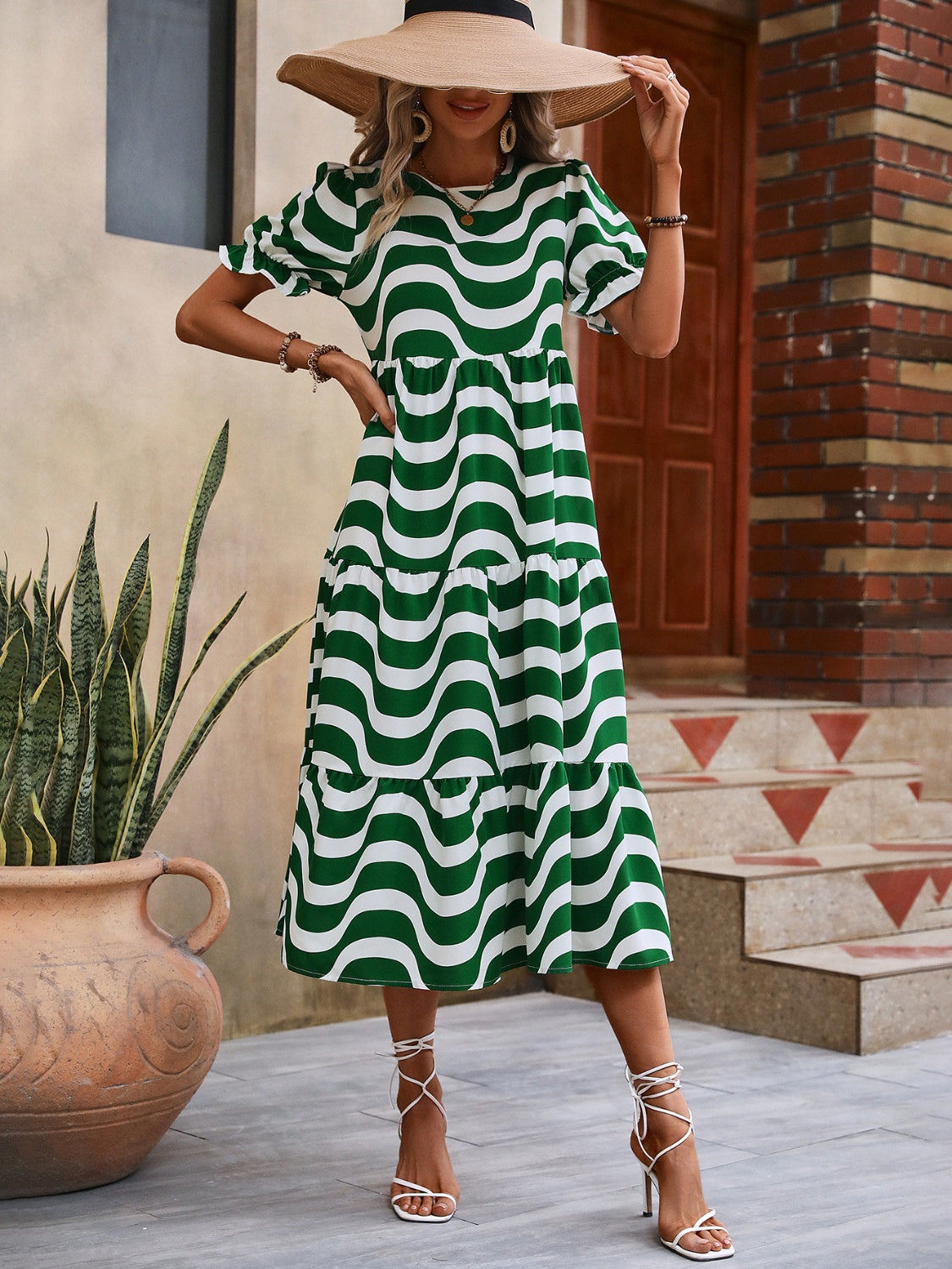 Wavy Striped Round Neck Short Sleeve Dress.