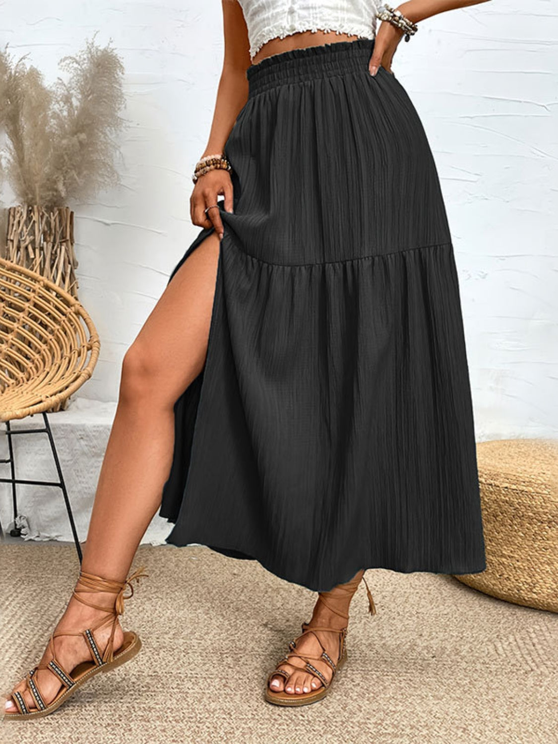 Elegant Frill Detail Midi Skirt with Side Slit.