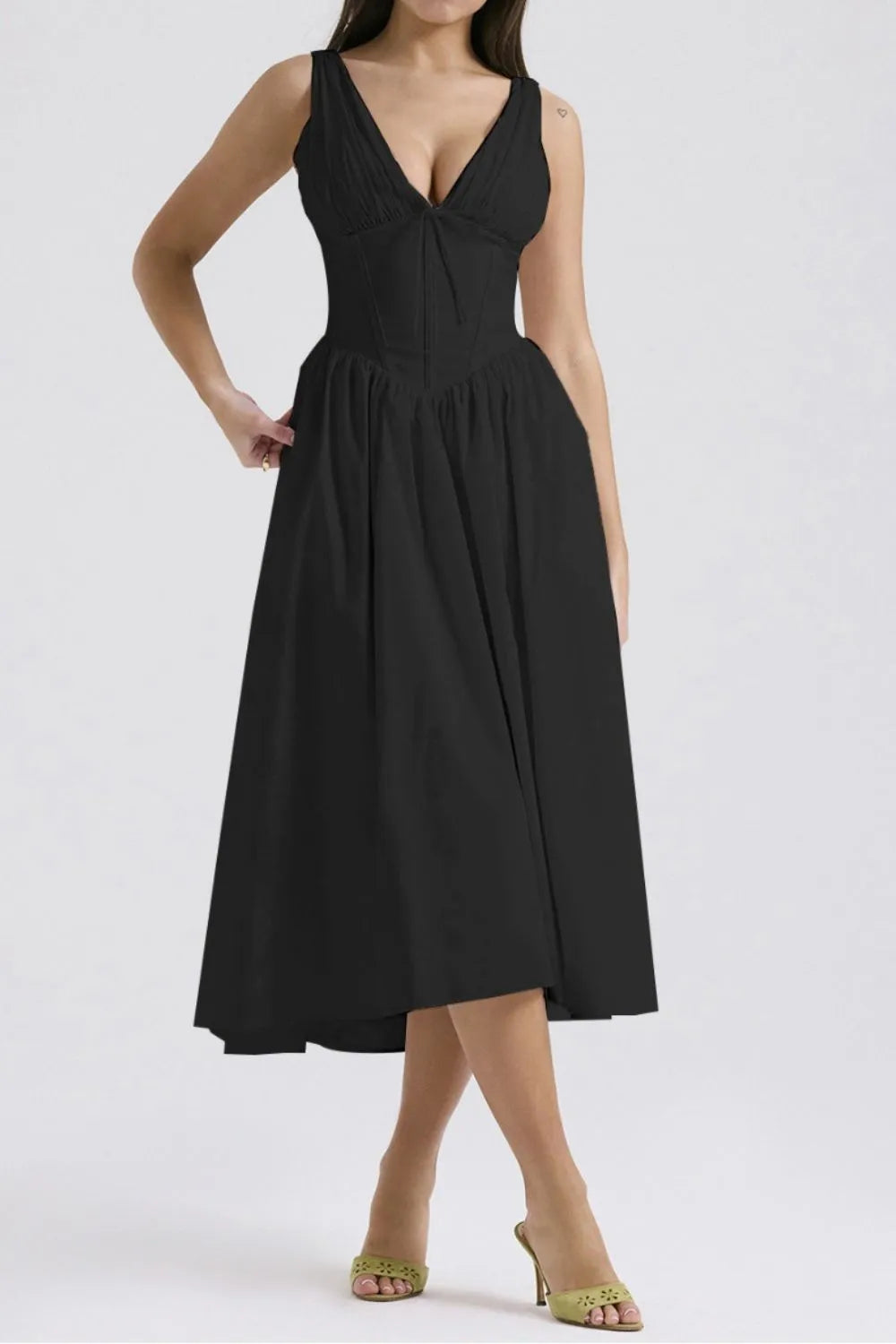 Ruched V-Neck Dress with Pockets.