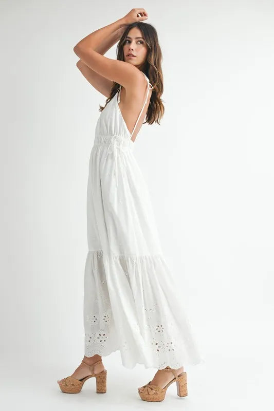 MABLE Eyelet Lace Maxi Dress with Side Strap Details.